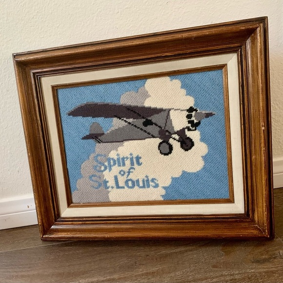 VINTAGE FRAMED NEEDLEPOINT " Spirit Of St. Louis”picture 14/16” - Picture 4 of 7